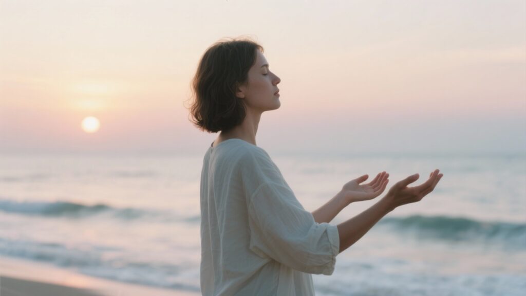 Person standing by the ocean at sunrise with open hands, symbolizing letting go, calm, and emotional healing.
