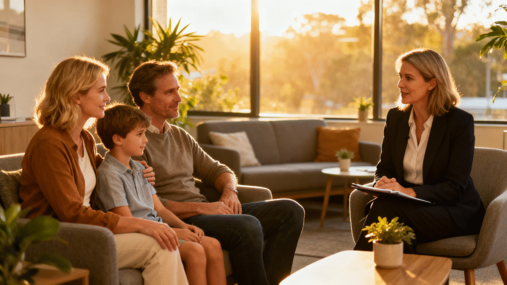 Australian family in therapy session with a psychologist in a modern office environment