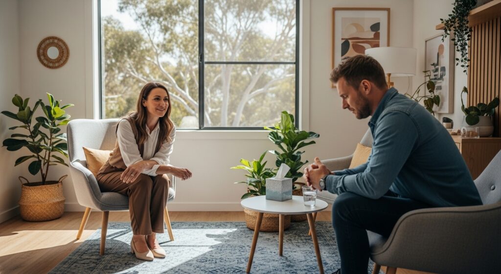Australian therapy session showing a psychologist and client in a calm clinic. Floating icons represent emotional, physical, and cognitive symptoms of trauma. No physical contact, respecting professional boundaries.