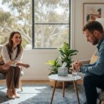 Australian therapy session showing a psychologist and client in a calm clinic. Floating icons represent emotional, physical, and cognitive symptoms of trauma. No physical contact, respecting professional boundaries.