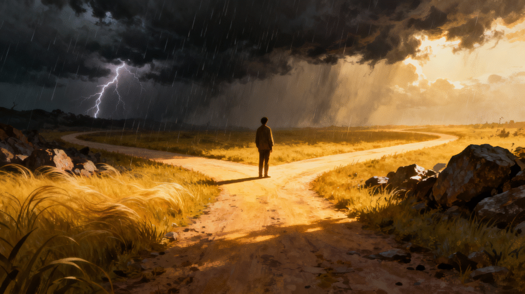 Person at a crossroads choosing between a bright, peaceful path and a stormy, difficult path, symbolizing reflection, personal growth, and overcoming recurring challenges.