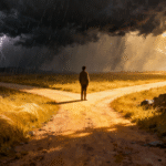 Person at a crossroads choosing between a bright, peaceful path and a stormy, difficult path, symbolizing reflection, personal growth, and overcoming recurring challenges.