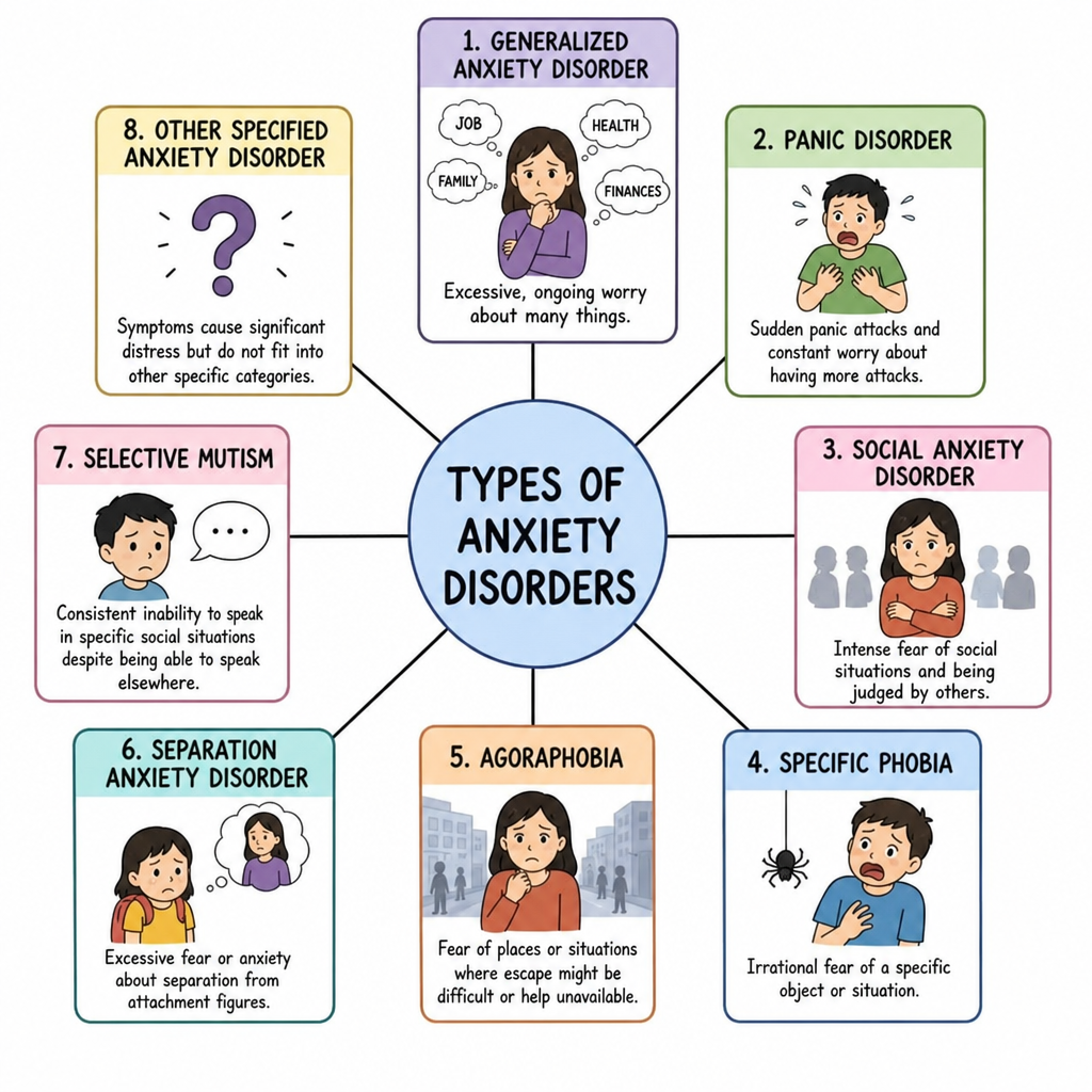 Infographic showing different anxiety disorders, including Generalised Anxiety Disorder (GAD), Panic Disorder, Social Anxiety Disorder, Specific Phobias, Separation Anxiety Disorder, and Agoraphobia.