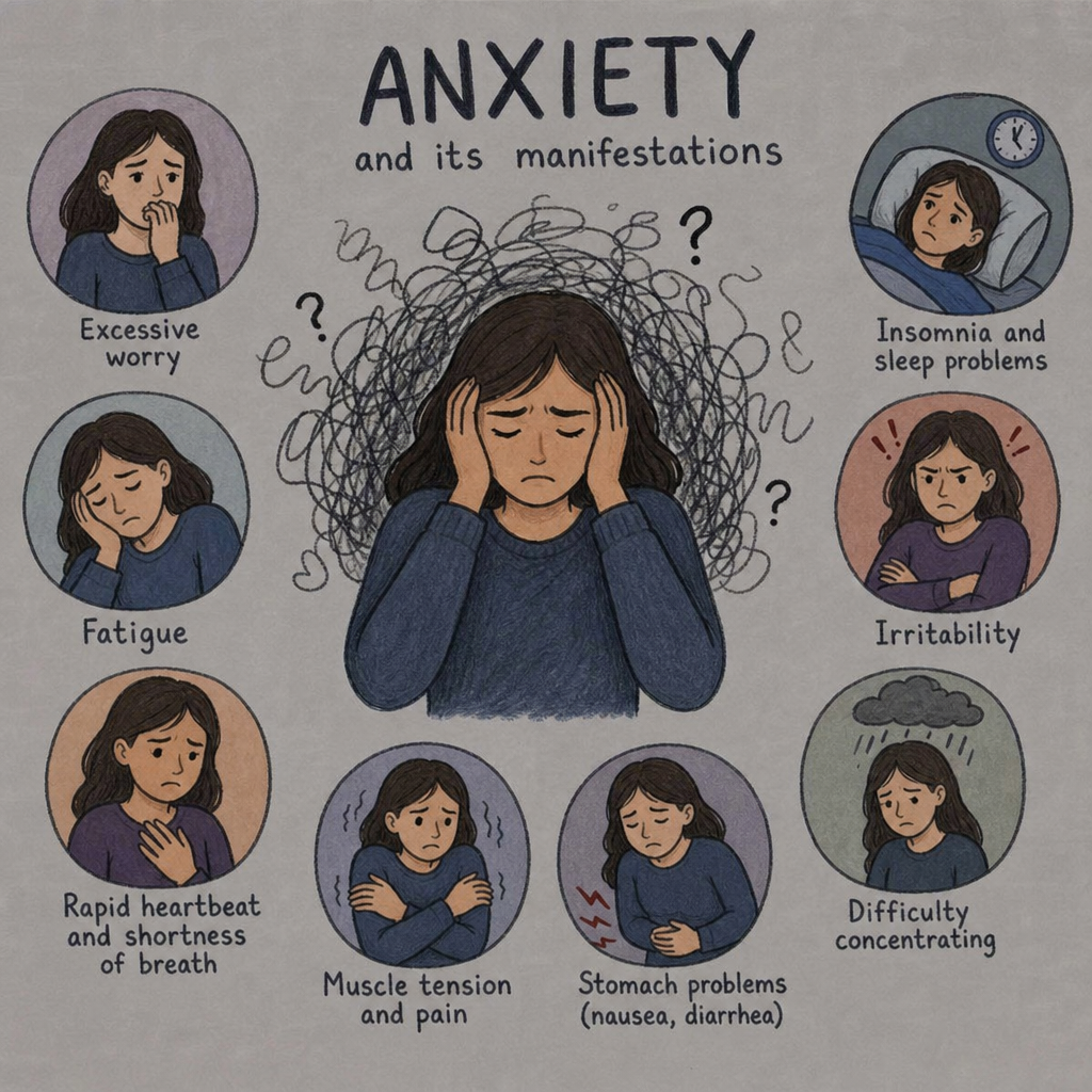 Illustration showing common manifestations of anxiety, including excessive worry, racing thoughts, panic, sleep difficulties, and physical symptoms.