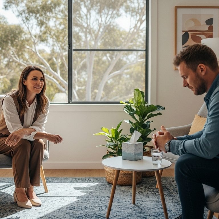 Australian therapy session showing a psychologist and client in a calm clinic. Floating icons represent emotional, physical, and cognitive symptoms of trauma. No physical contact, respecting professional boundaries.